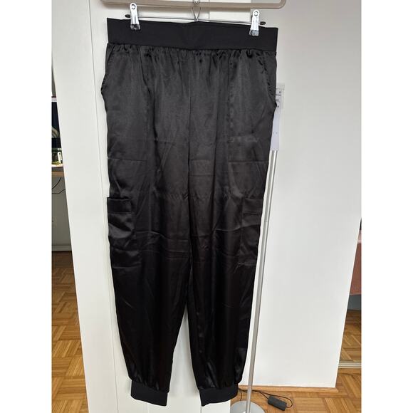 LEITH BLACK SATIN CARGO PANTS HIGH-RISE SIX POCKET SIDE ZIP STYLE, Size L, NWT - Picture 1 of 4